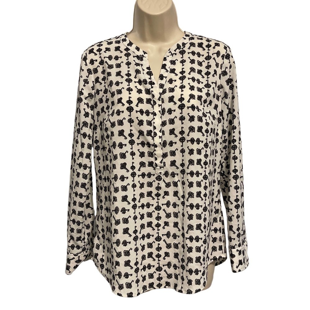 Talbots White with‎ Black Key 3/4 Button Up Blouse Size Small Pre-owned
